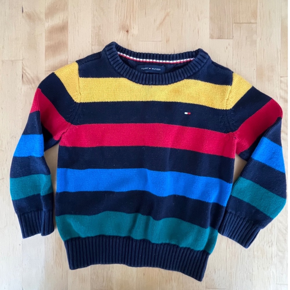 Tommy Hilfiger Boys Multi Color Striped Cotton Knit Crewneck Sweater Navy Red